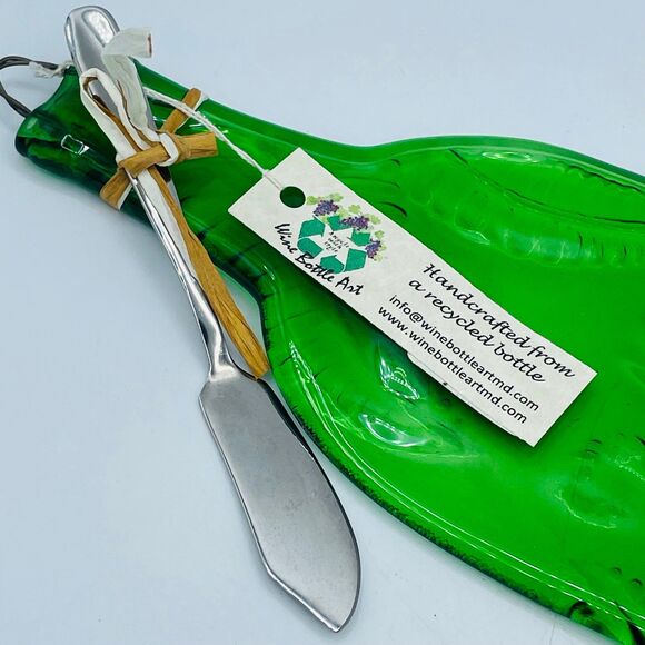 NEW Recycled Wine Bottle Cheese Serving Platter Green Glass Made in USA w/ knife - Picture 2 of 7